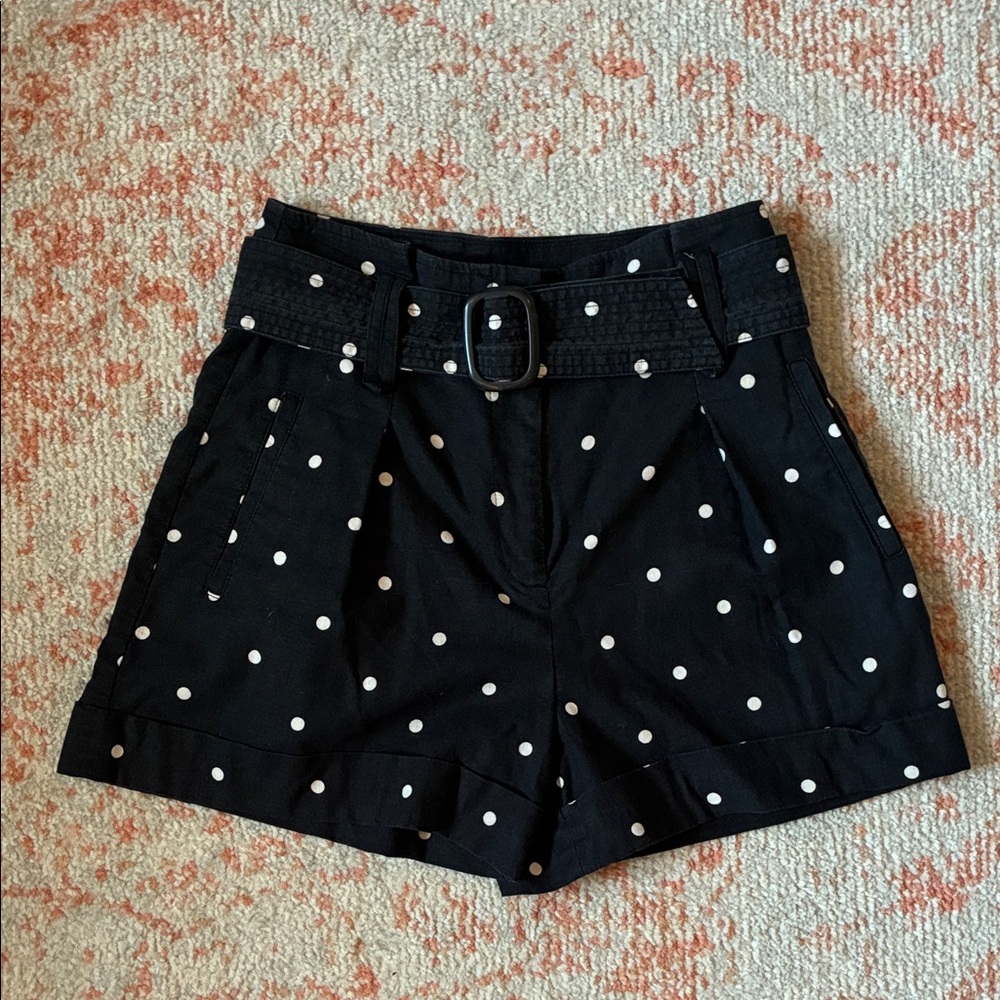 Sézane Black Polka Dot High-Rise linen blend Belted Shorts size 34 (US sized 2).